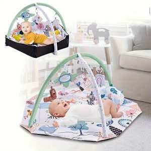 Deluxe Baby Play Gym and Activity Mat with Hanging Toys, Foldable Cloth Baby Playmat for Sensory Development, Cute Animal Theme, Popular Gift for Infants 0-3 Years Old, Interactive Play Area