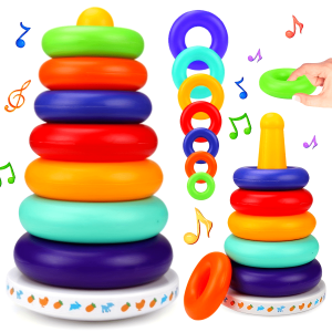 Colorful Sensory Rainbow Stacking Tower, Interactive Building Blocks with Music And Sound, Educational Toy for Infants & Toddlers, Color Identification, Stackable Blocks, Holiday Gift, Plastic Material